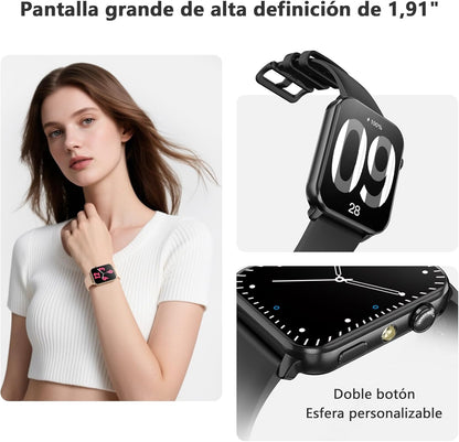 Blackview Reloj Inteligente Hombre Mujer - Llamadas Bluetooth Y Notificación Mensajes, 1,91" Smartwatch Con Linterna LED, Spo2, Pulsómetro, Sueño, Podómetro, Pulsera Actividad Con 100 Modos Deportivos