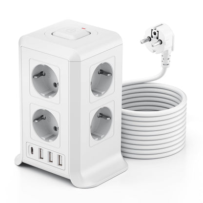 Torre Regletas Enchufes 3 M, Regleta USB 8 Tomas De AC Y 4 USB Enchufe Multiple, 2500W/10A,Regleta Enchufes Proteccion Sobretension, Regreltas Vertical Con Interruptor Para,Casa, Mesa, Oficia, Blanco