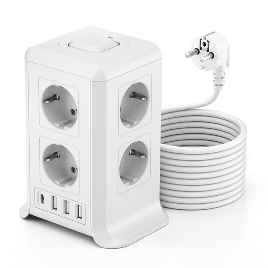 Torre Regletas Enchufes 3 M, Regleta USB 8 Tomas De AC Y 4 USB Enchufe Multiple, 2500W/10A,Regleta Enchufes Proteccion Sobretension, Regreltas Vertical Con Interruptor Para,Casa, Mesa, Oficia, Blanco