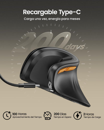 Protoarc Ratón Ergonómico, EM11 NL Inalámbrico Mini Vertical Ratón Óptico Recargable Con 3 Puertos De Dispositivo (2*Bluetooth Y USB), 3 Dpi Ajustables Para Ordenador Mac Windows