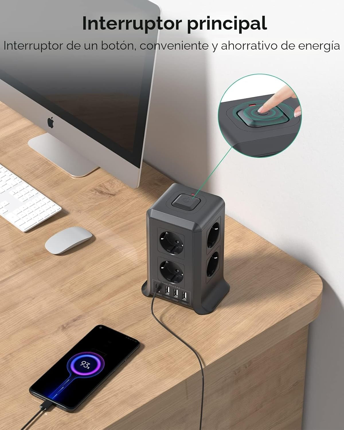 Sameriver 5M Torre Regletas Enchufes,Regleta USB 8 Tomas De AC Y 4 USB Enchufe Multiple, 2500W/10A,Regleta Enchufes Proteccion Sobretension, Regreltas Vertical Con Interruptor Para Mesa, Casa, Negro