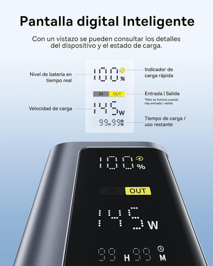 Baseus Energeek Power Bank 145W 20000Mah Cargador Portátil Con 60Cm Cable USB-C Integrado Retráctiles, Pantalla Digital, Compatible Con Macbook Ipad, Iphone 16/15 Pro, Galaxy Ultra, DELL