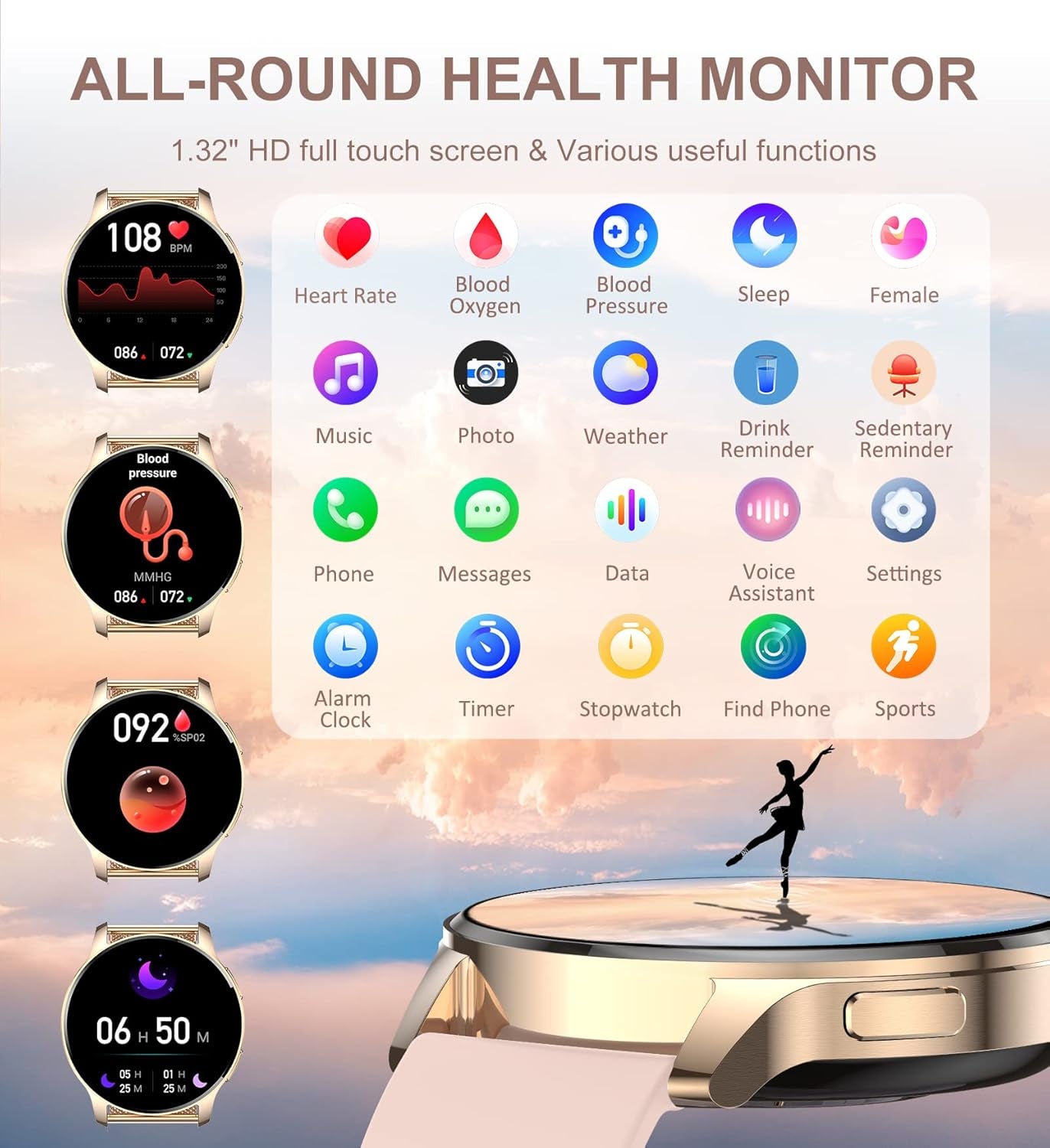 Iaret Reloj Inteligente Para Mujer Con Llamadas, 1,32'' Smartwatch, 3 Correas, Pulsera Actividad, Presión Arterial, Ritmo Cardíaco, Oxígeno Sanguíneo, Sueño Para Android Iphone, Regalo