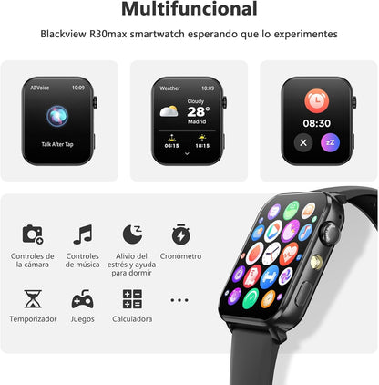 Blackview Reloj Inteligente Hombre Mujer - Llamadas Bluetooth Y Notificación Mensajes, 1,91" Smartwatch Con Linterna LED, Spo2, Pulsómetro, Sueño, Podómetro, Pulsera Actividad Con 100 Modos Deportivos