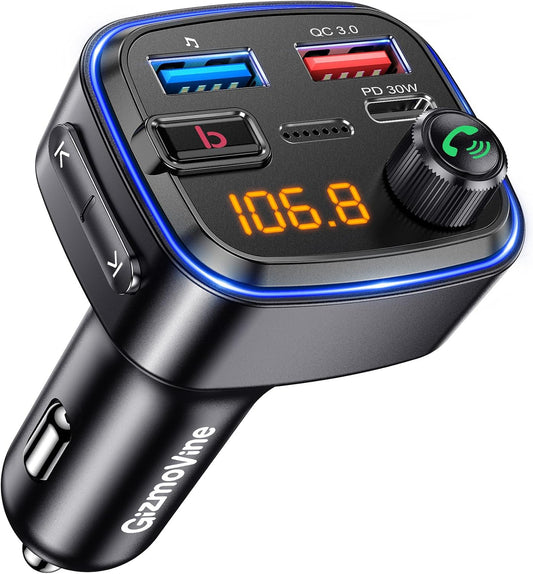 Gizmovine Bluetooth FM Transmitter for Car - Enhanced Bass, Hands-Free Calling, USB C PD 30W + QC3.0 18W, MP3 Player & Vehicle Accessories