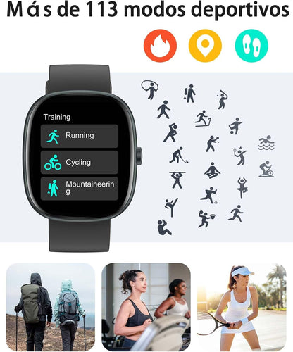 HUAKUA Reloj Inteligente Hombre Mujer, Smartwatch Llamada Bluetooth,Pulsómetro,Monitor De Sueño,Whatsapp Notificación, 113+ Deportivos Modos,Impermeable IP68 Pulsera De Actividad (Oro Negro)