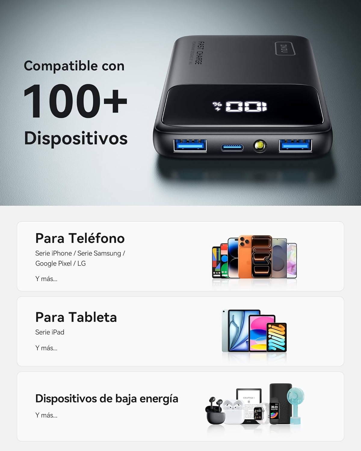 INIU Power Bank, 22.5W 10000Mah Bateria Externa Carga Rapida, Bateria Portatil PD3.0 QC4.0 Powerbank USB C Input&Output Compatible Con Iphone 16 15 14 13 12 Pro MAX plus Samsung S22 S21 Ipad