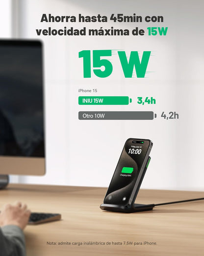 Cargador Inalámbrico Rápido INIU 15W - Soporte de Carga Rápida Qi para iPhone, Samsung Galaxy y Google Pixel