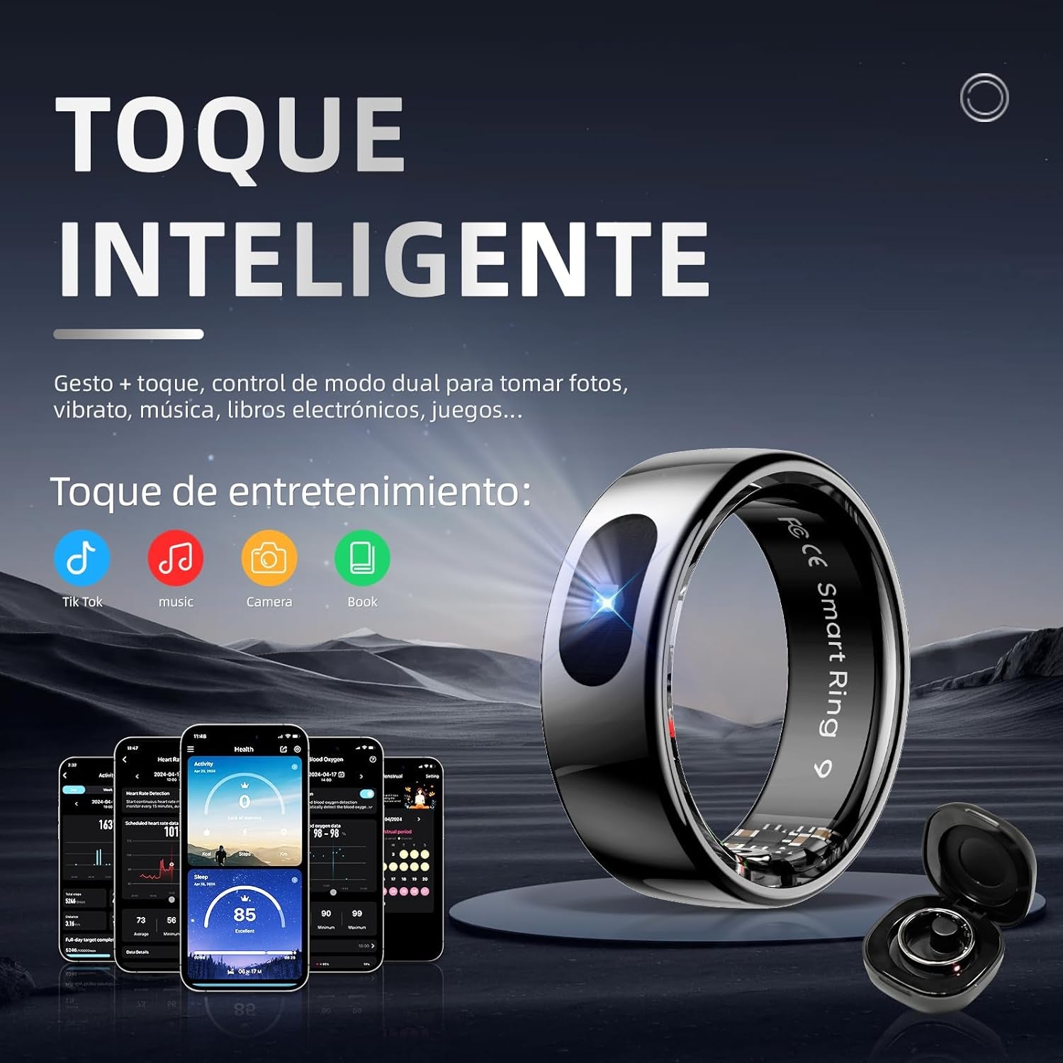 Anillo Inteligente Táctil Versión Mejorada Health Ring Pro, Con Control Remoto Bluetooth Y Detección De Movimiento, Rastreador De Actividad Física Resistente Al Agua Hasta 10 ATM (Plata, 12)