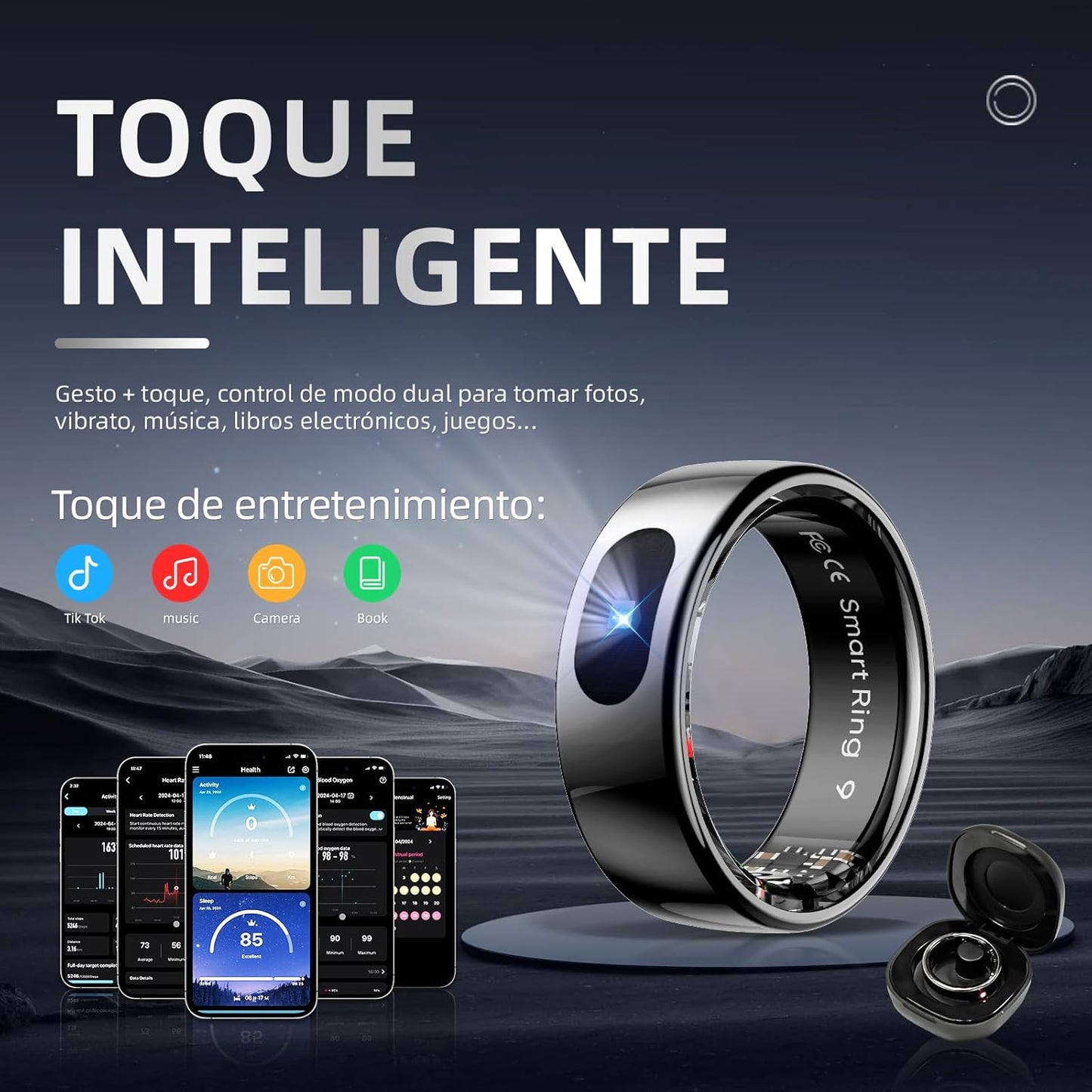 Anillo Inteligente Táctil Versión Mejorada Health Ring Pro, Con Control Remoto Bluetooth Y Detección De Movimiento, Rastreador De Actividad Física Resistente Al Agua Hasta 10 ATM (Plata, 10)