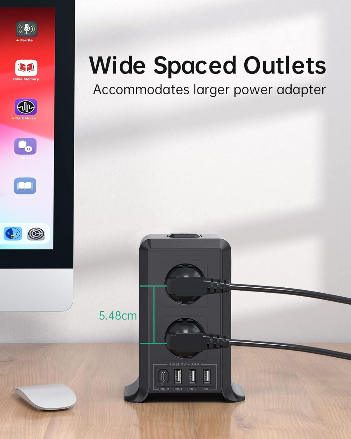 Sameriver 5M Torre Regletas Enchufes,Regleta USB 8 Tomas De AC Y 4 USB Enchufe Multiple, 2500W/10A,Regleta Enchufes Proteccion Sobretension, Regreltas Vertical Con Interruptor Para Mesa, Casa, Negro