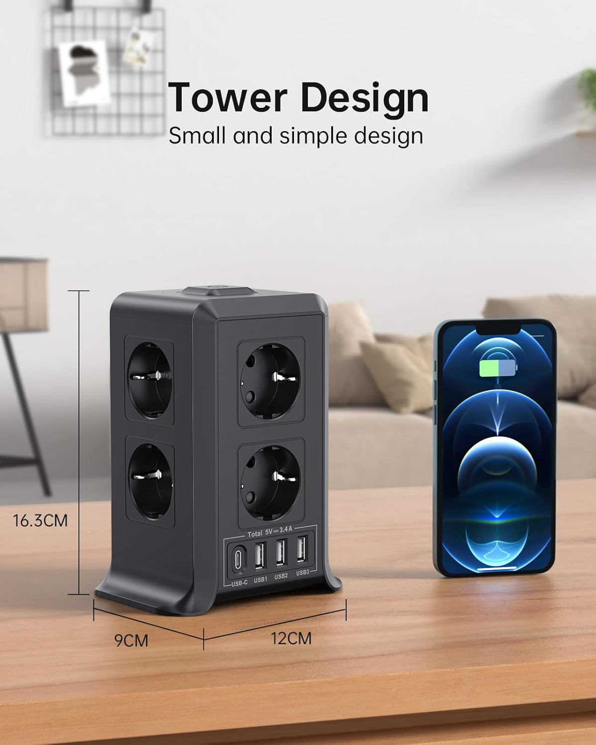 Torre Regletas Enchufes 3 M, Regleta USB 8 Tomas De AC Y 4 USB Enchufe Multiple, 2500W/10A,Regleta Enchufes Proteccion Sobretension, Regreltas Vertical Con Interruptor Para,Casa, Mesa, Oficia, Blanco