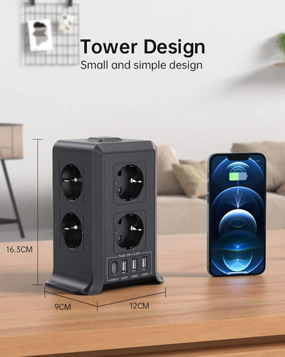 Torre Regletas Enchufes 3 M, Regleta USB 8 Tomas De AC Y 4 USB Enchufe Multiple, 2500W/10A,Regleta Enchufes Proteccion Sobretension, Regreltas Vertical Con Interruptor Para,Casa, Mesa, Oficia, Blanco