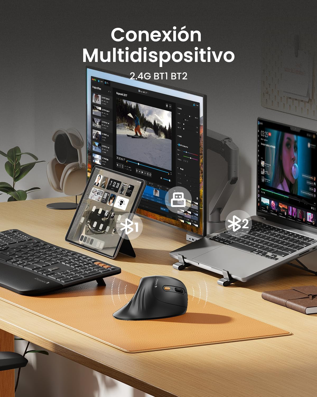 Protoarc Ratón Ergonómico, EM11 NL Inalámbrico Mini Vertical Ratón Óptico Recargable Con 3 Puertos De Dispositivo (2*Bluetooth Y USB), 3 Dpi Ajustables Para Ordenador Mac Windows