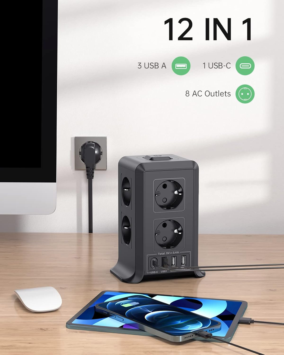 Torre Regletas Enchufes 3 M, Regleta USB 8 Tomas De AC Y 4 USB Enchufe Multiple, 2500W/10A,Regleta Enchufes Proteccion Sobretension, Regreltas Vertical Con Interruptor Para,Casa, Mesa, Oficia, Blanco