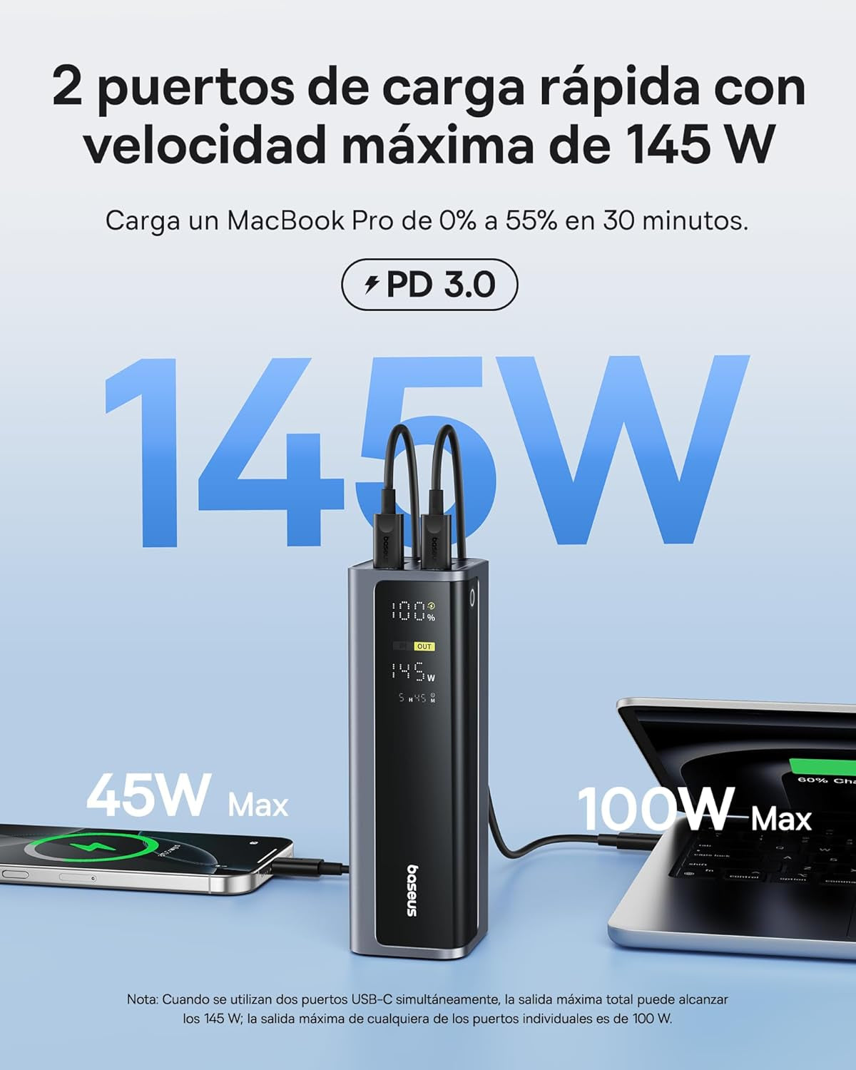 Baseus Energeek Power Bank 145W 20000Mah Cargador Portátil Con 60Cm Cable USB-C Integrado Retráctiles, Pantalla Digital, Compatible Con Macbook Ipad, Iphone 16/15 Pro, Galaxy Ultra, DELL