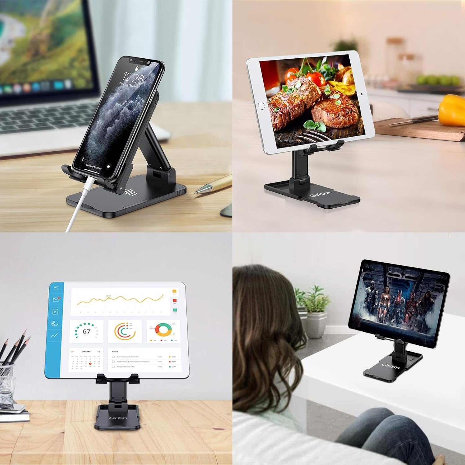 Gritin Soporte Tablet, Ajustable Soporte Móvil - Plegable Soporte De Escritorio/Soporte Para Teléfono Súper Estable Compatible Con Nuevo Ipad 12.9, 11, Air Mini 3 4 Y Todas Las Tabletas De 4-12.9"