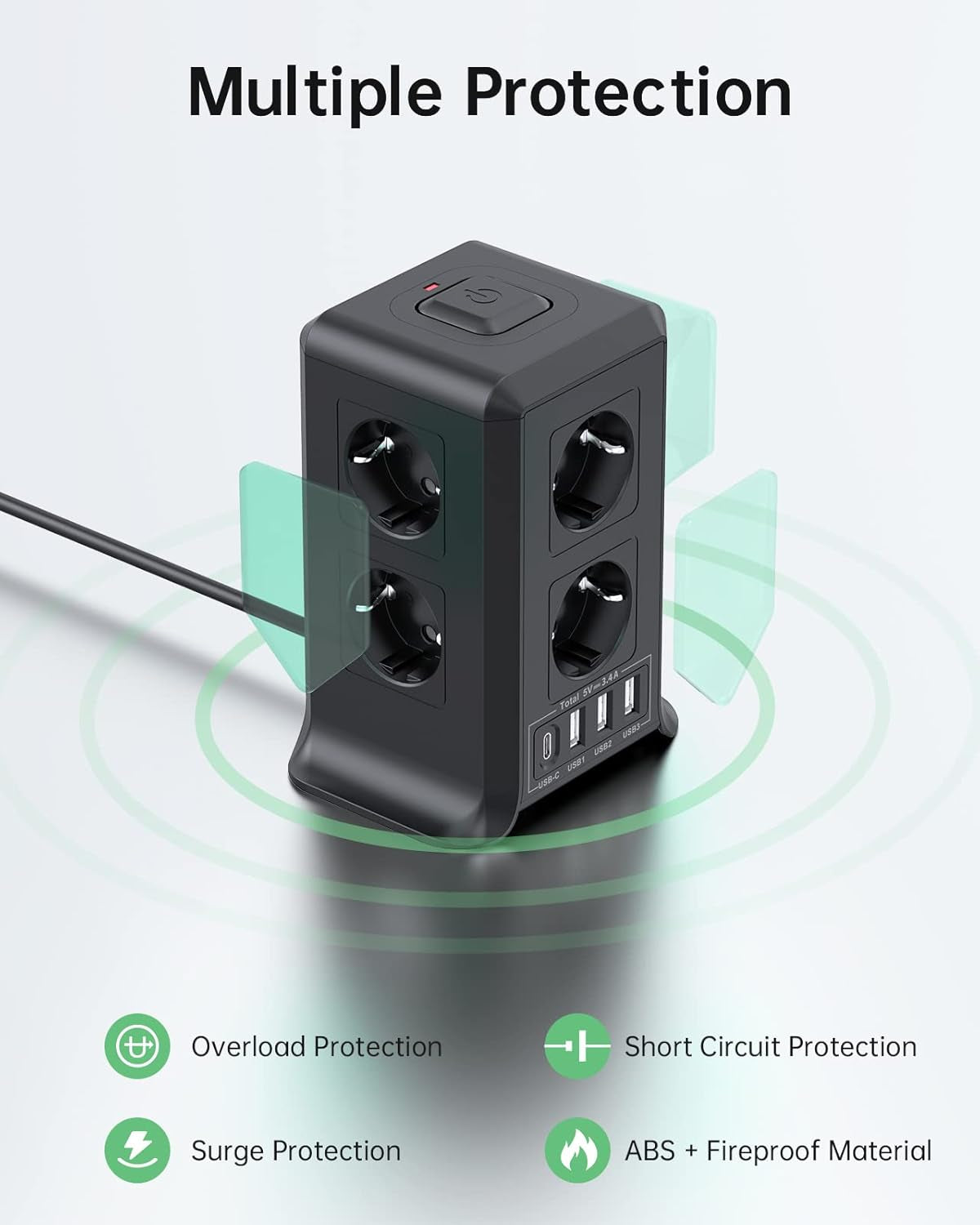 Sameriver 5M Torre Regletas Enchufes,Regleta USB 8 Tomas De AC Y 4 USB Enchufe Multiple, 2500W/10A,Regleta Enchufes Proteccion Sobretension, Regreltas Vertical Con Interruptor Para Mesa, Casa, Negro