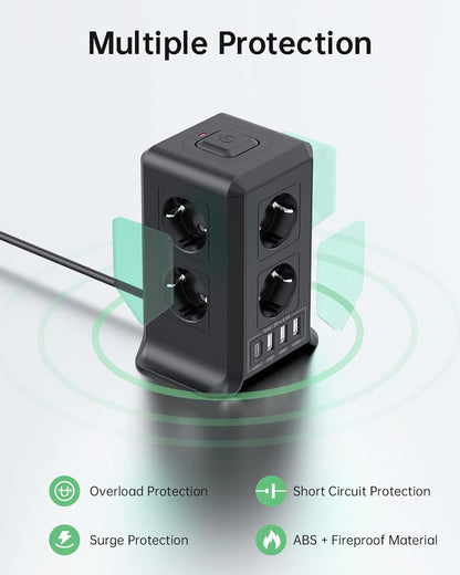 Torre Regletas Enchufes 3 M, Regleta USB 8 Tomas De AC Y 4 USB Enchufe Multiple, 2500W/10A,Regleta Enchufes Proteccion Sobretension, Regreltas Vertical Con Interruptor Para,Casa, Mesa, Oficia, Blanco